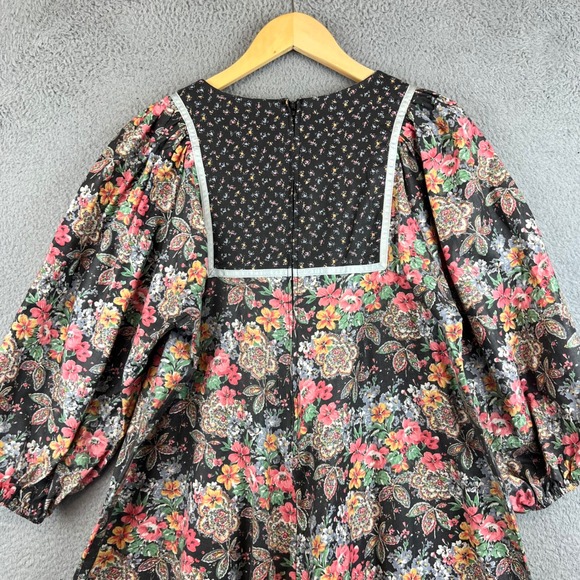 Vintage 70s Floral Paisley Print Lace Up Midi Dress Multi Puff Sleeve 10 - Picture 4 of 11